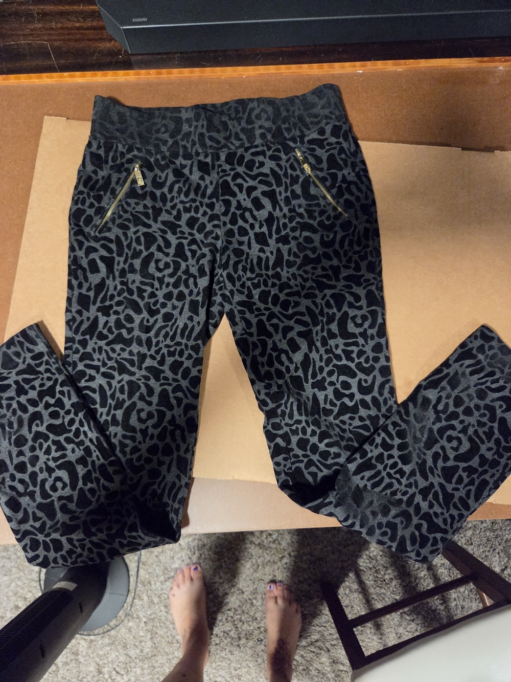 Anne Klein Black Animal-Print Skinny Jeans with Gold Zippers